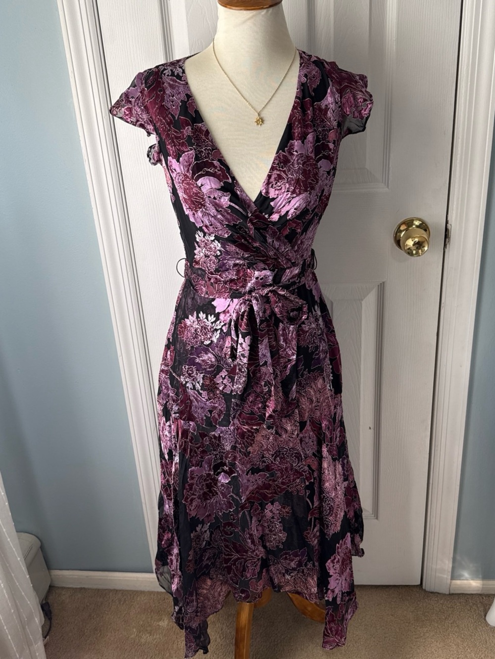 White House Black Market Purple & Black Floral Wrap Midi Dress